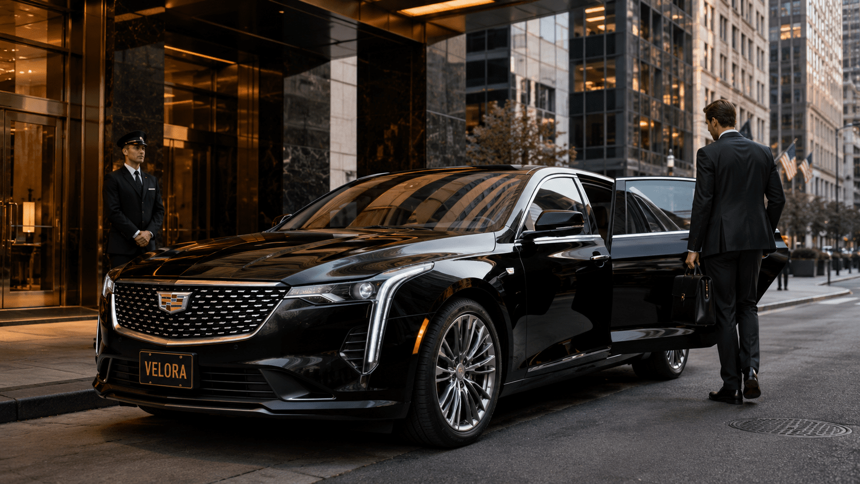 Uniformed chauffeur beside a black Cadillac at a building entrance as a passenger steps in