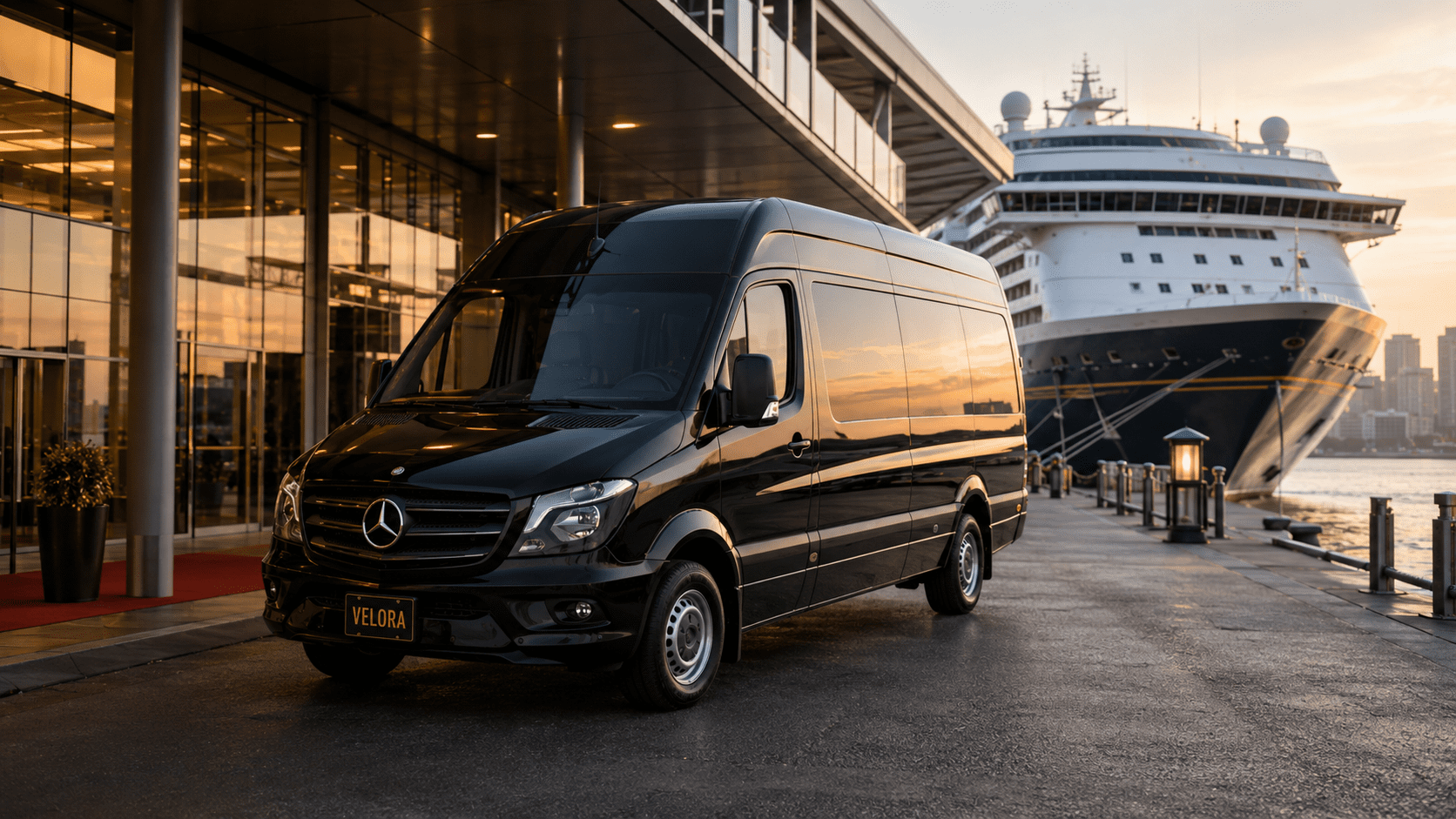 Black Mercedes-Benz Sprinter van at a cruise terminal at sunset with a cruise ship alongside