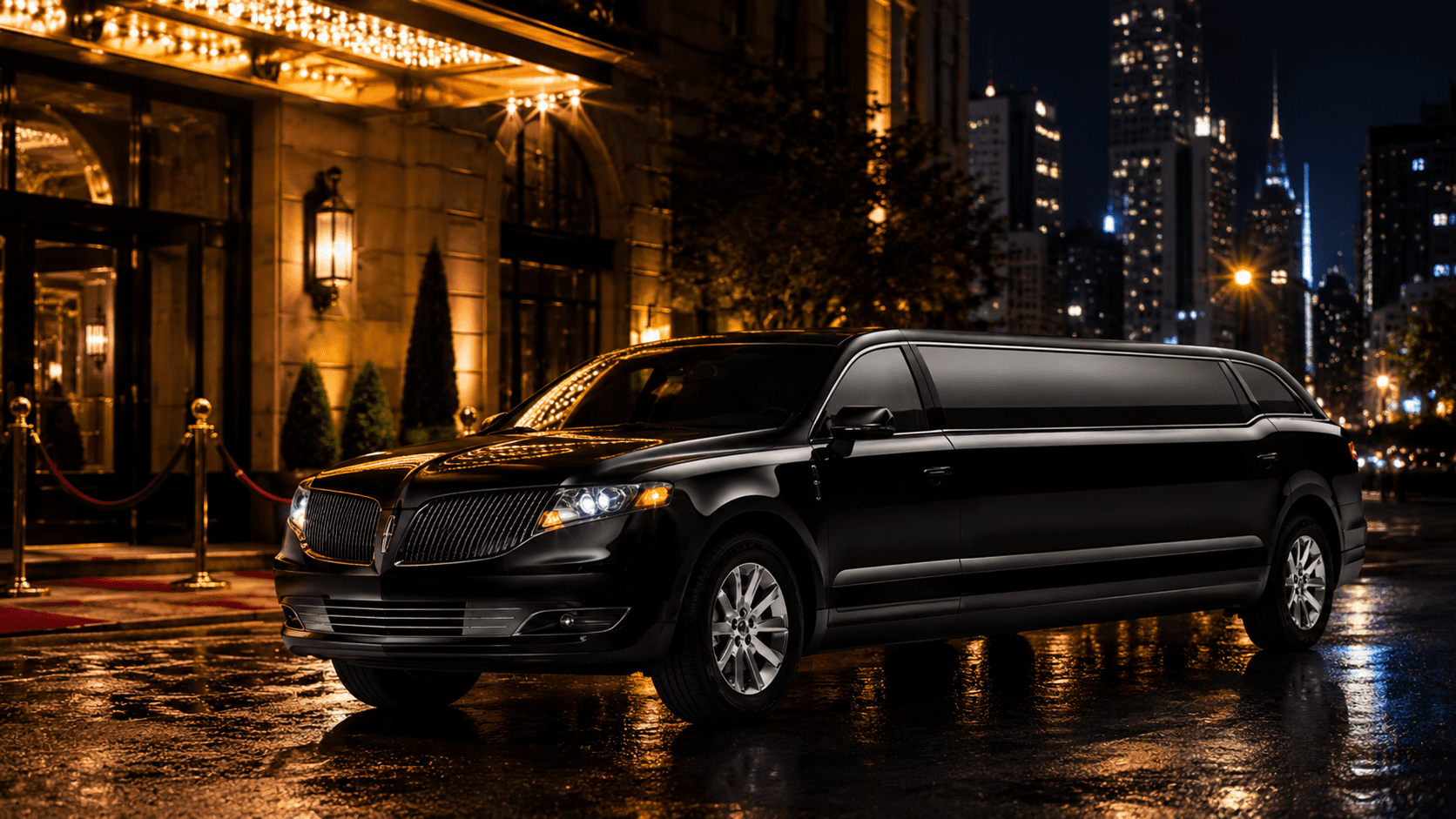 Black stretch limousine outside an illuminated venue at night with the city skyline behind