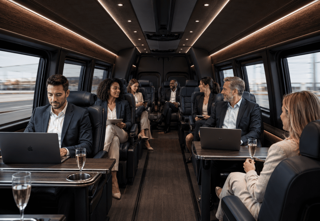 Group boarding a Mercedes Sprinter van