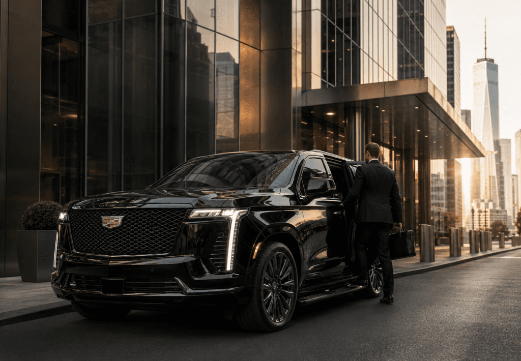 Chauffeur waiting beside a luxury sedan between appointments