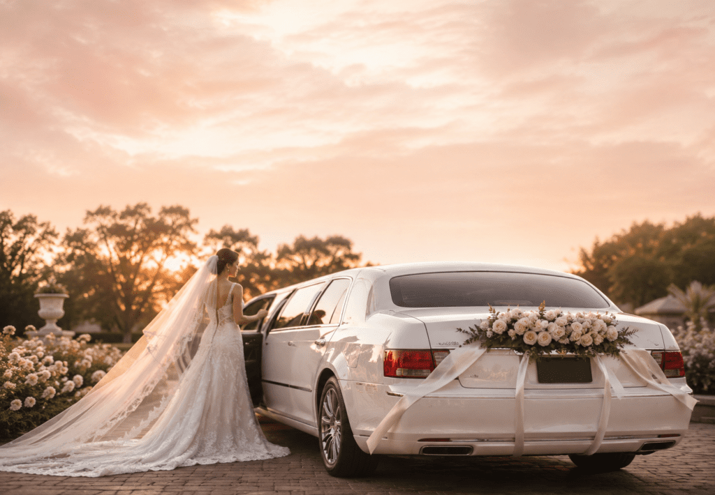 Bride and groom beside a wedding car