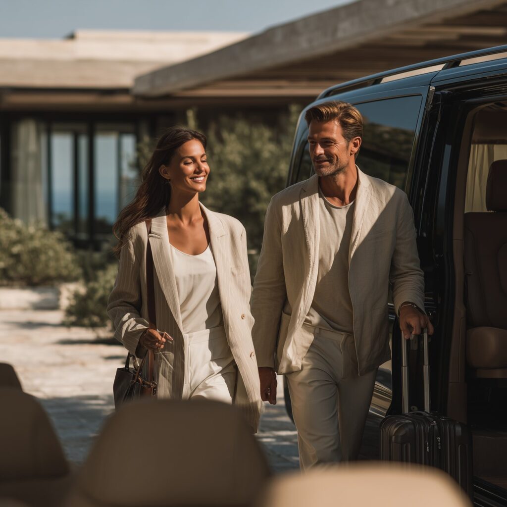 Velora chauffeur assisting clients beside a black luxury van