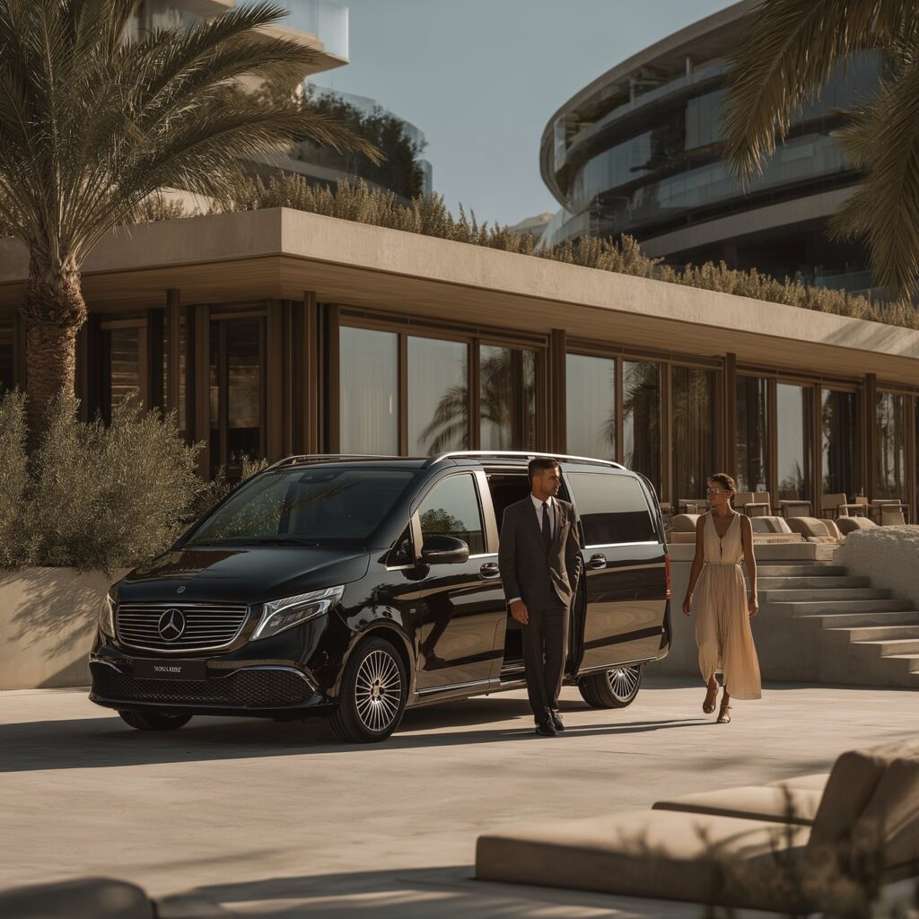 Chauffeur opening the door of a black luxury vehicle at a hotel entrance
