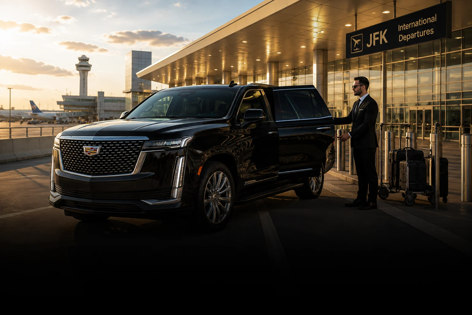 Luxury airport transfer service with premium black car and chauffeur