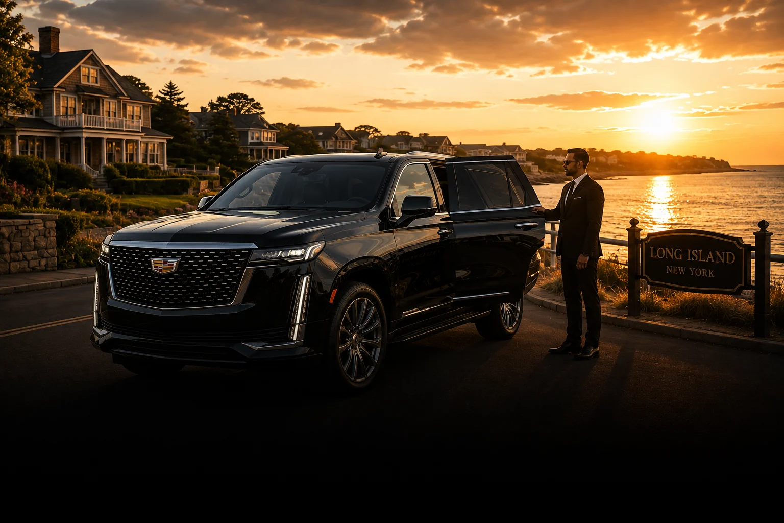 Chauffeur opening the door of a black Cadillac Escalade on a Long Island coastal road at sunset
