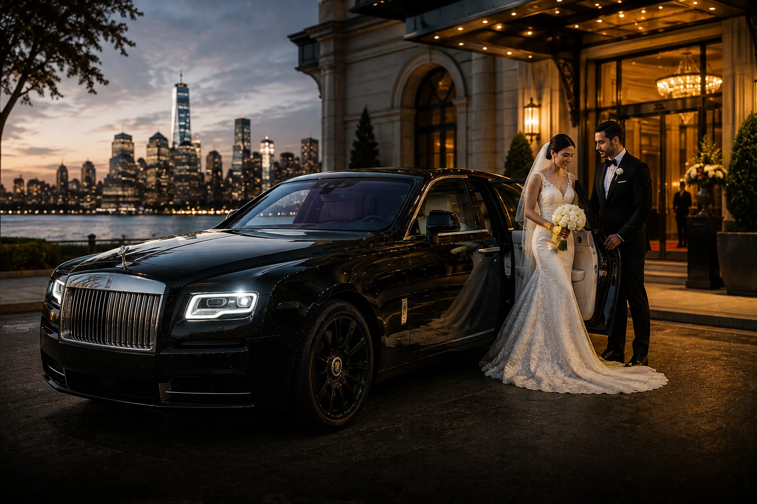 Bride and groom beside a black Rolls-Royce Ghost outside a New York venue at dusk